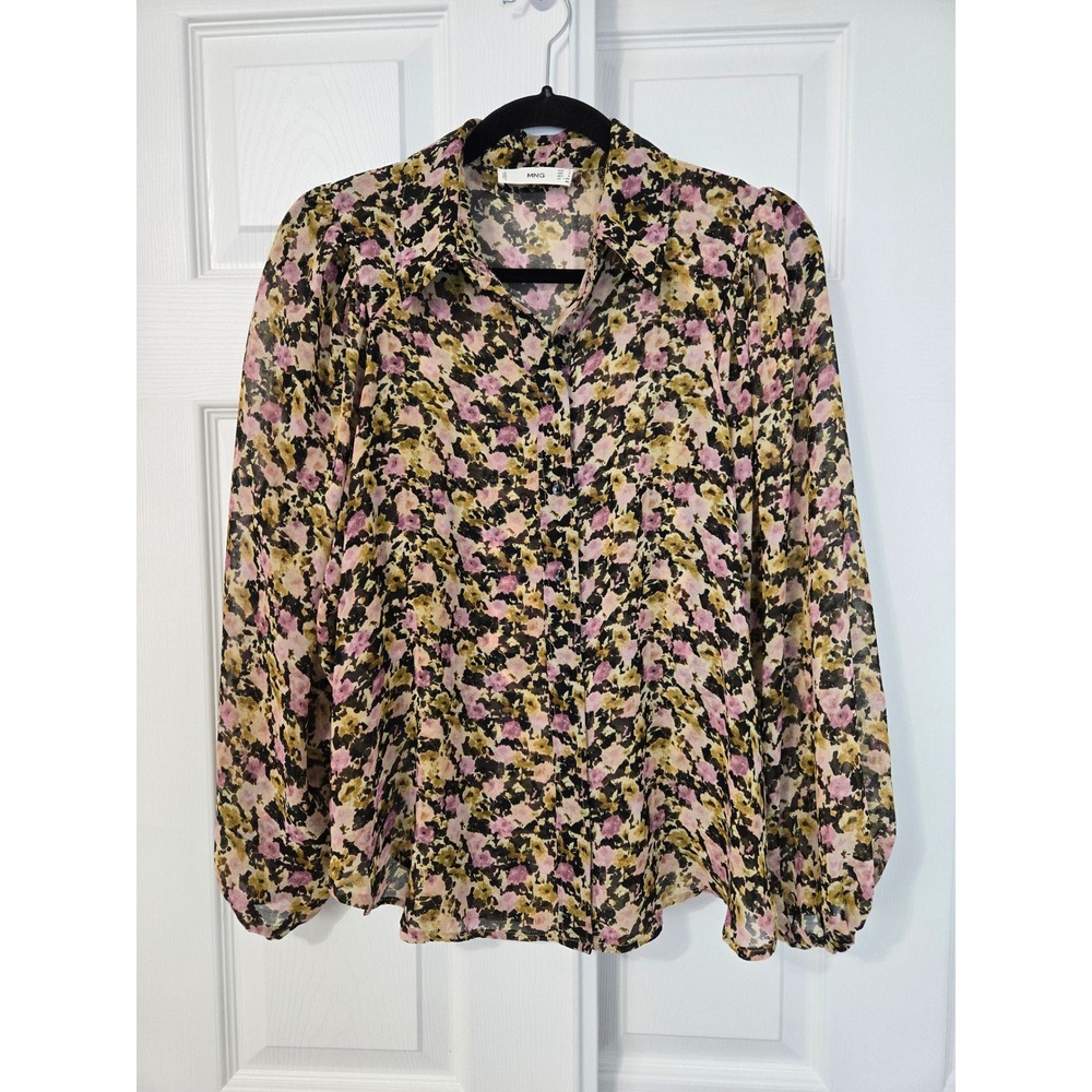 MNG Mango Womens Floral Chiffon Button Down Blouse Sheer Pink Ochre Size 6